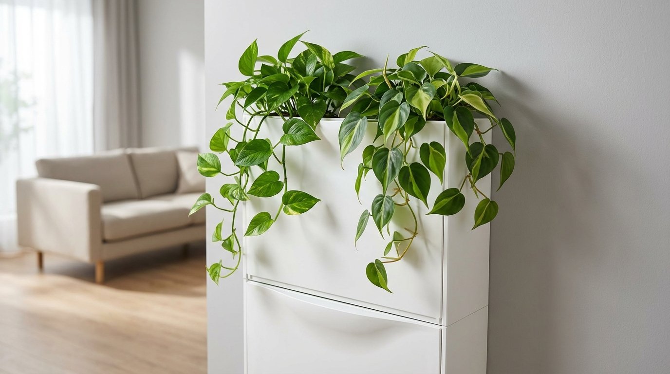 entdecken Sie, wie ein einfaches Schuhregal zur grünen Pflanzenwand wird und Ihr kleines Wohnzimmer in eine natürliche Oase verwandelt